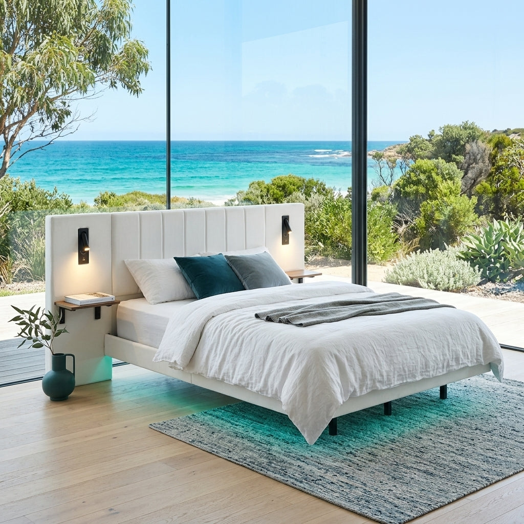 Audreamy Arbor Upholstered Bed Frame with LED Light, Storage Headboard White Velvet King