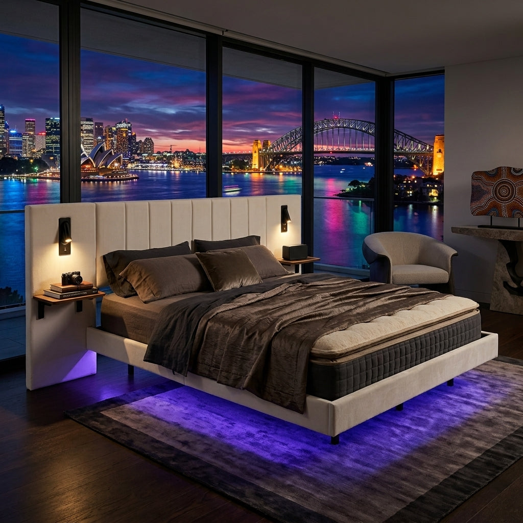Audreamy Arbor Upholstered Bed Frame with LED Light, Storage Headboard White Velvet King