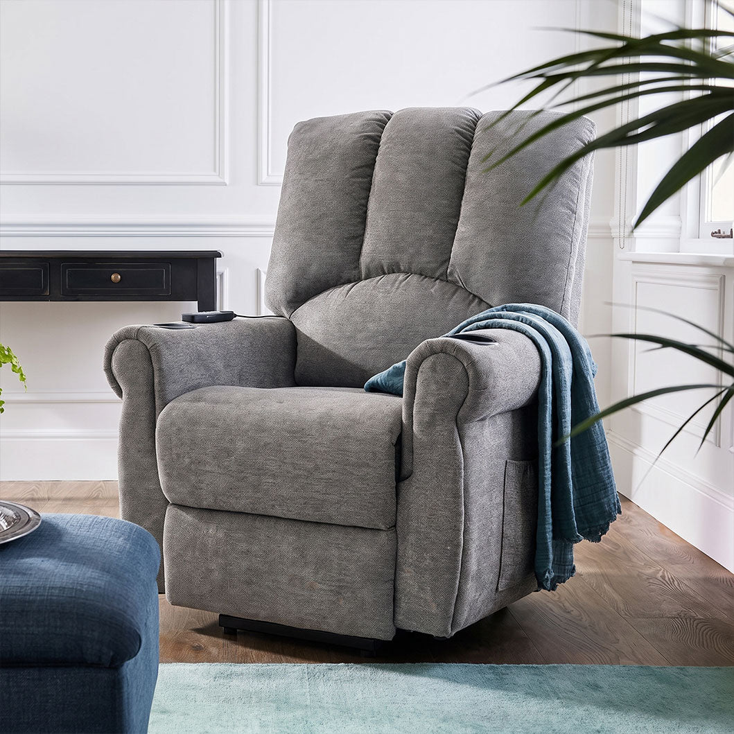 Recliner Armchair Electric Lift Grey Senior Chair - Single Motor, Heated Massage, Stand Assist