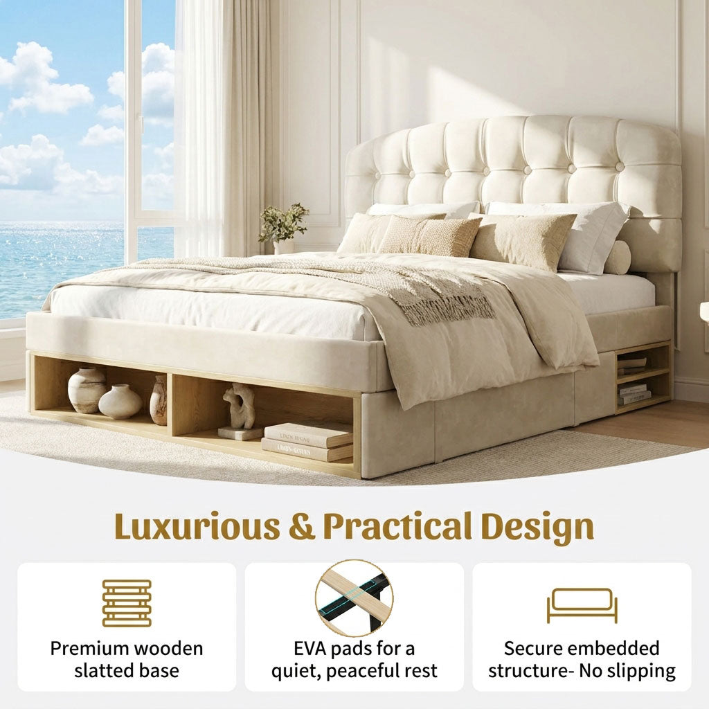 Audreamy Modra Upholstered Bed with Storage Drawers, Adjustable Headboard Beige Velvet