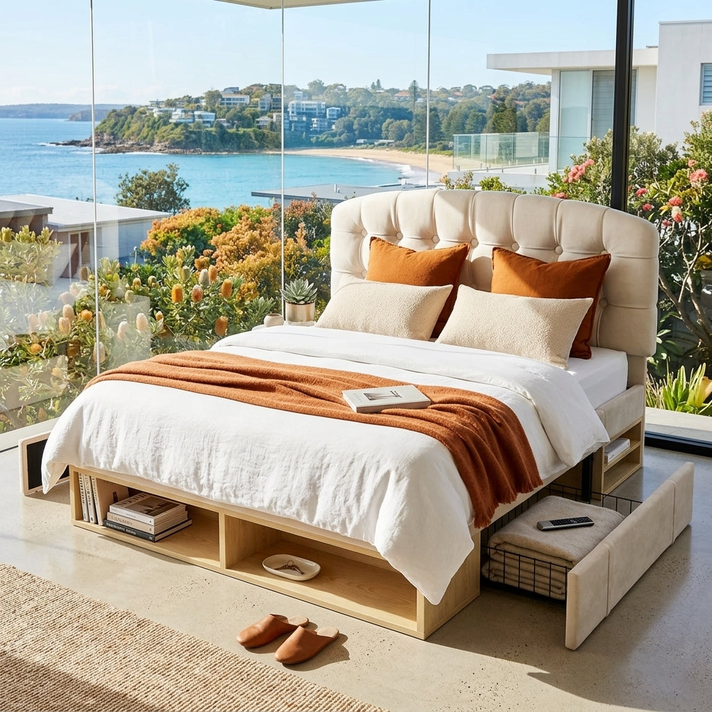 Audreamy Modra Upholstered Bed with Storage Drawers, Adjustable Headboard Beige Velvet