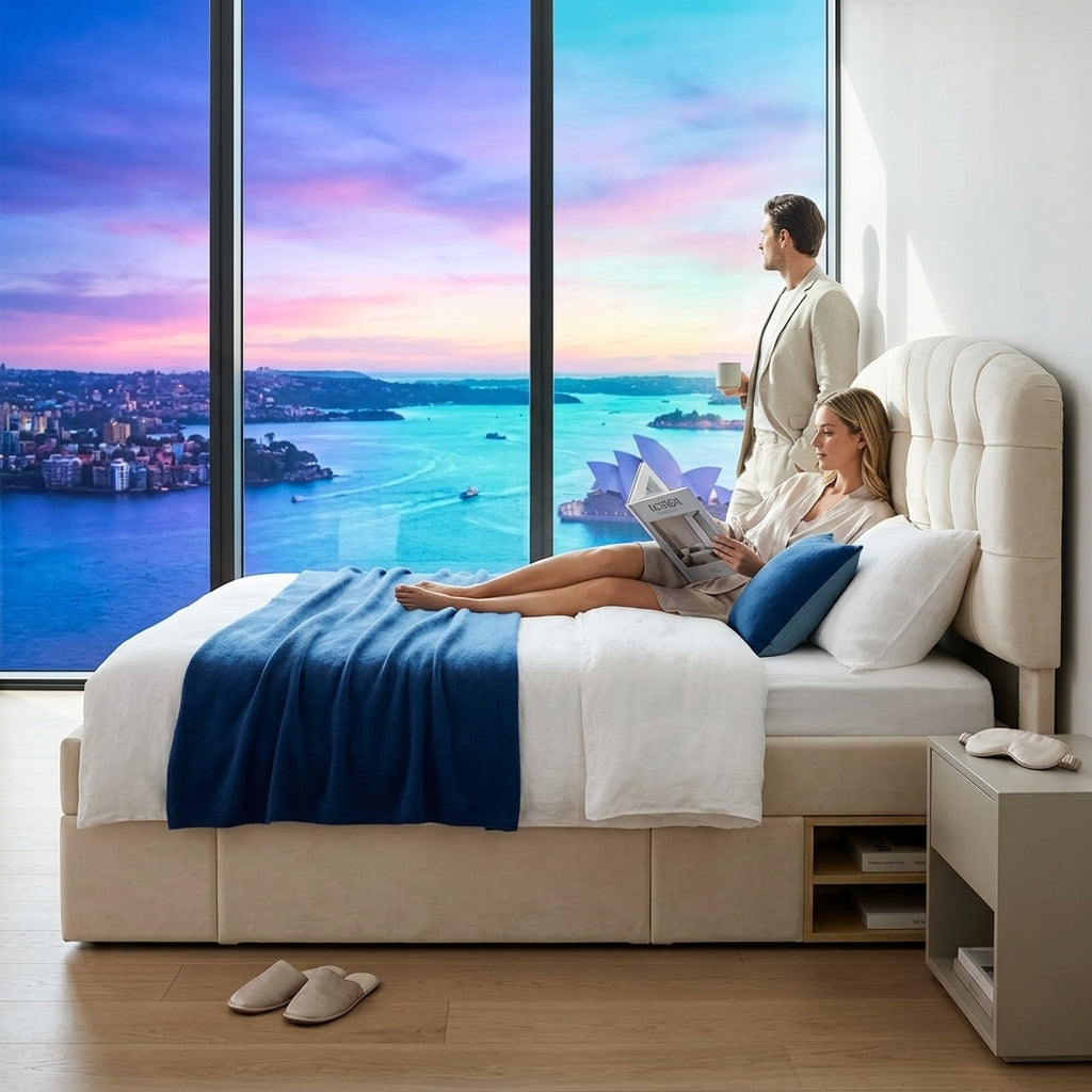 Audreamy Modra Upholstered Bed with Storage Drawers, Adjustable Headboard Beige Velvet