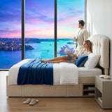 Audreamy Modra Upholstered Bed with Storage Drawers, Adjustable Headboard Beige Velvet
