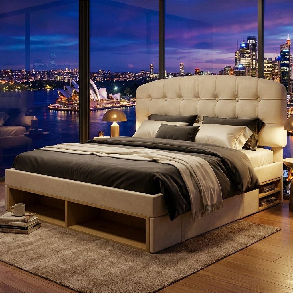 Audreamy Modra Upholstered Bed with Storage Drawers, Adjustable Headboard Beige Velvet