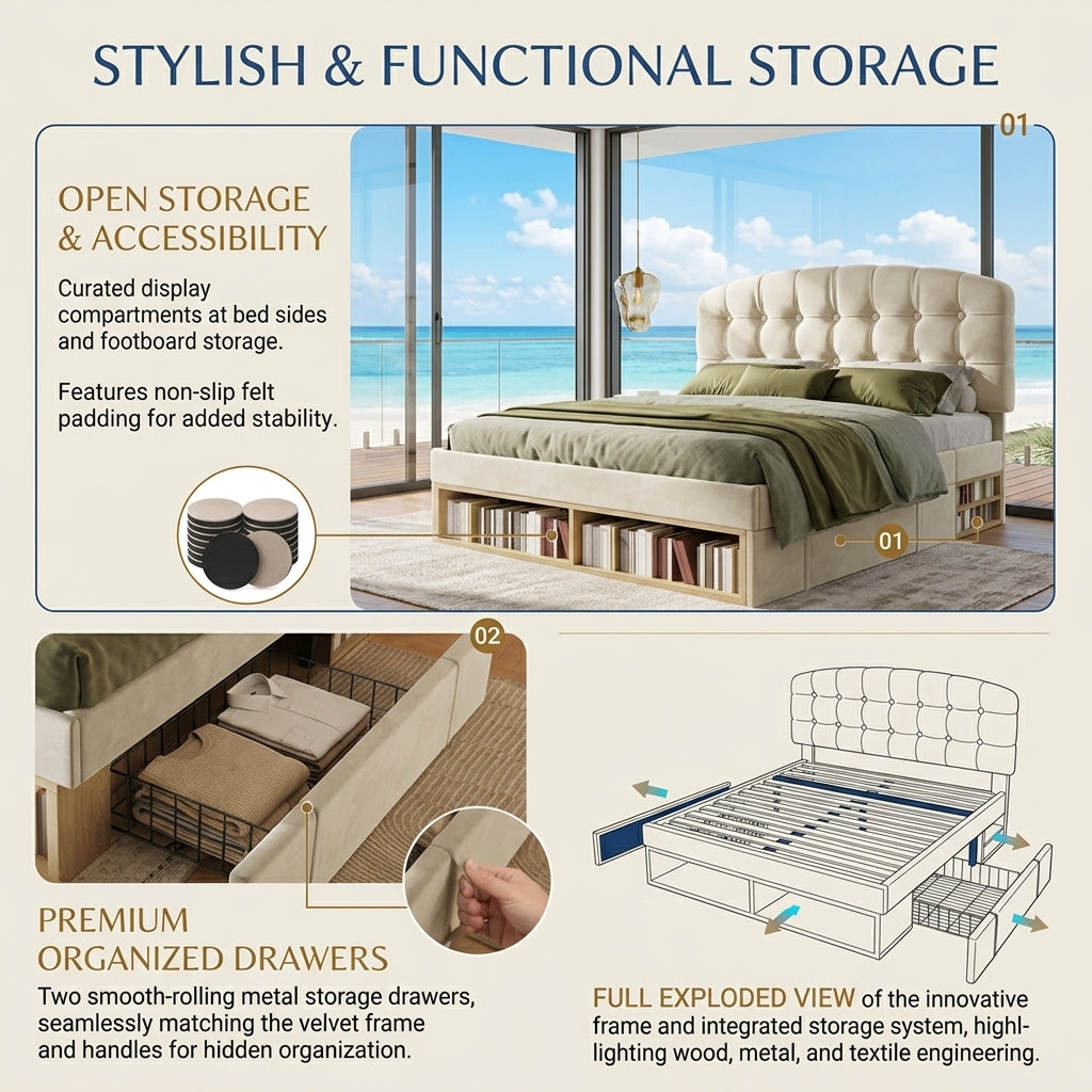 Audreamy Modra Upholstered Bed with Storage Drawers, Adjustable Headboard Beige Velvet