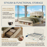 Audreamy Modra Upholstered Bed with Storage Drawers, Adjustable Headboard Beige Velvet
