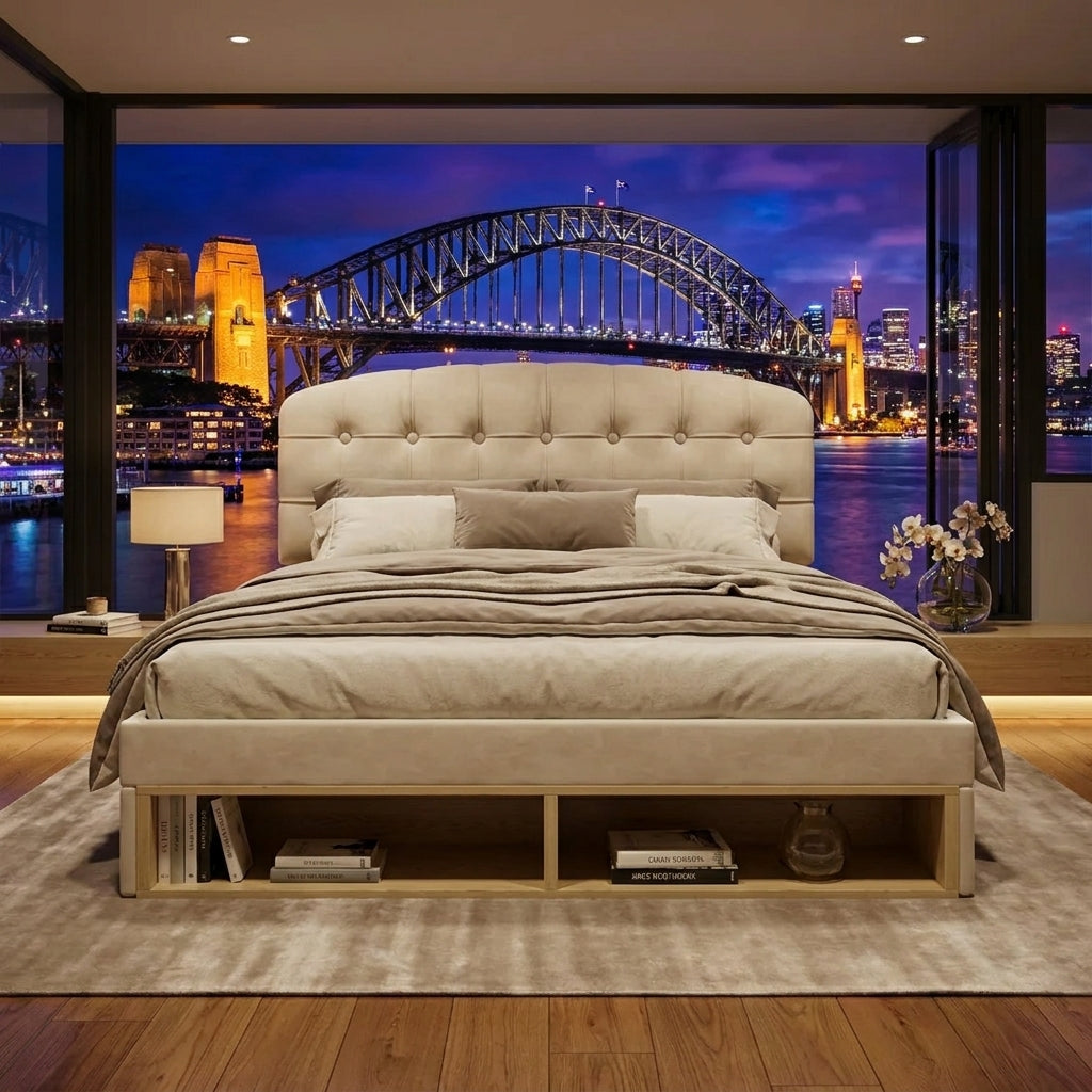 Audreamy Modra Upholstered Bed with Storage Drawers, Adjustable Headboard Beige Velvet