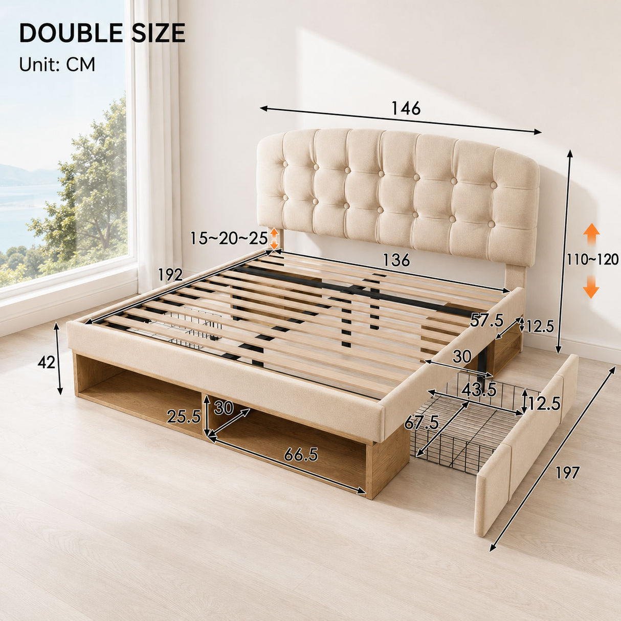 Audreamy Modra Upholstered Bed with Storage Drawers, Adjustable Headboard Beige Velvet