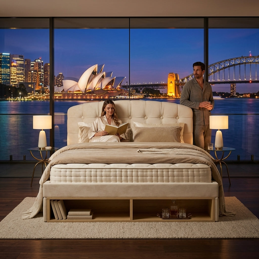 Audreamy Modra Upholstered Bed with Storage Drawers, Adjustable Headboard Beige Velvet