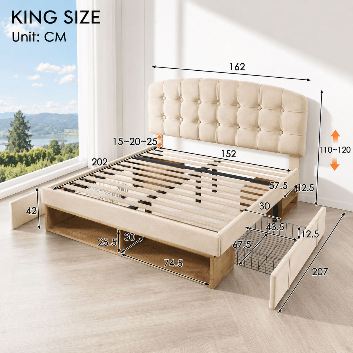 Audreamy Modra Upholstered Bed with Storage Drawers, Adjustable Headboard Beige Velvet