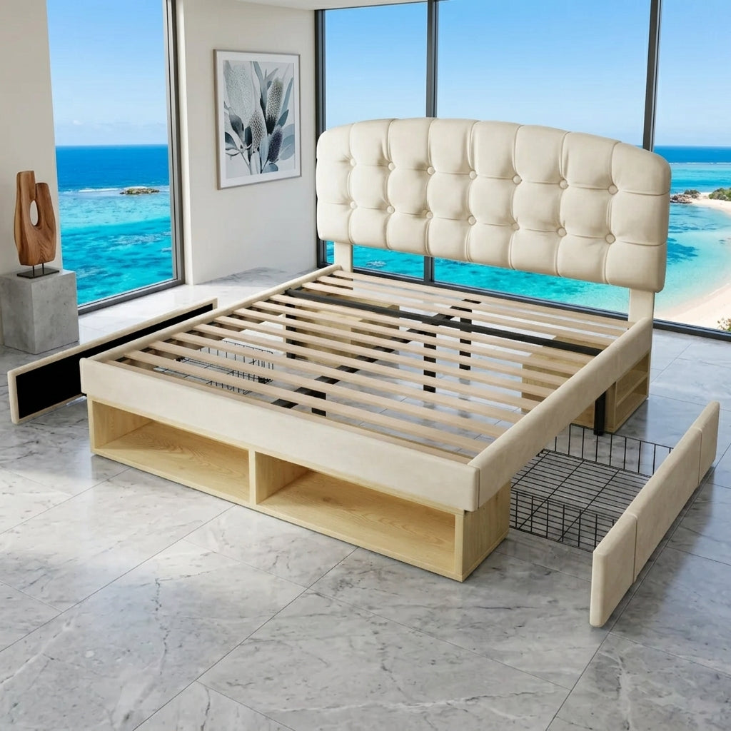 Audreamy Modra Upholstered Bed with Storage Drawers, Adjustable Headboard Beige Velvet