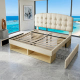 Audreamy Modra Upholstered Bed with Storage Drawers, Adjustable Headboard Beige Velvet