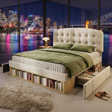 Audreamy Modra Upholstered Bed with Storage Drawers, Adjustable Headboard Beige Velvet