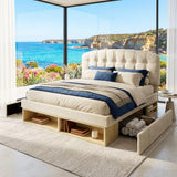 Audreamy Modra Upholstered Bed with Storage Drawers, Adjustable Headboard Beige Velvet