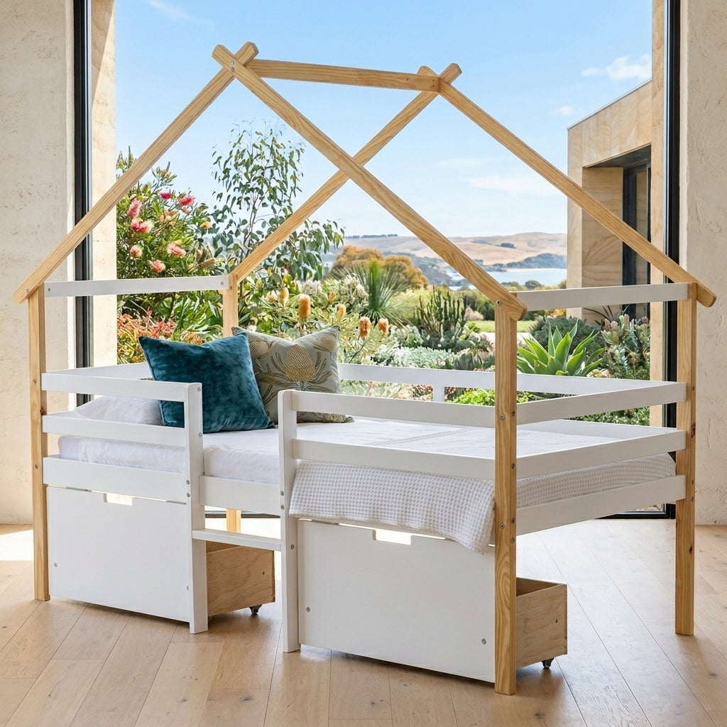 Audreamy Phelix Wooden House Bed White Single for Kids with Storage Drawers