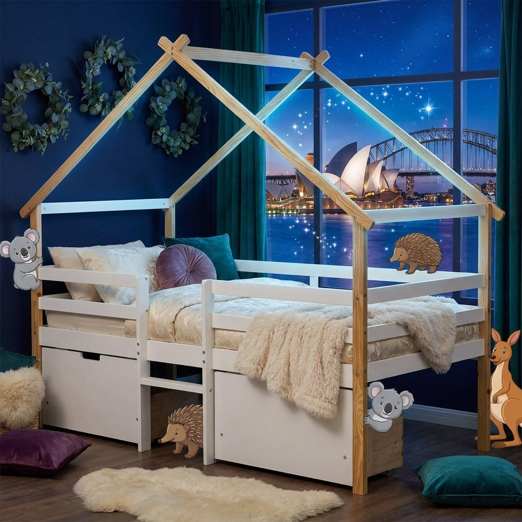 Audreamy Phelix Wooden House Bed White Single for Kids with Storage Drawers