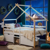 Audreamy Phelix Wooden House Bed White Single for Kids with Storage Drawers