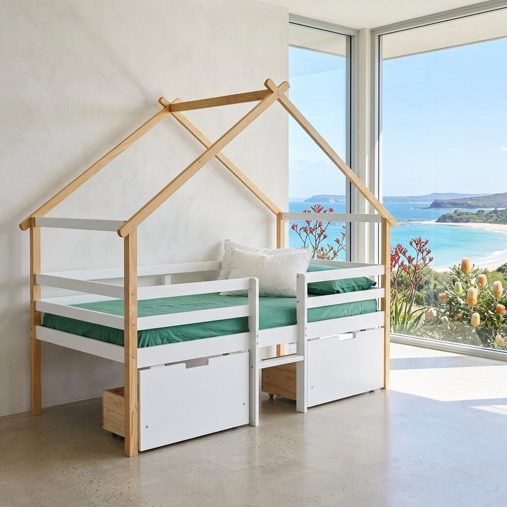 Audreamy Phelix Wooden House Bed White Single for Kids with Storage Drawers