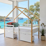 Audreamy Phelix Wooden House Bed White Single for Kids with Storage Drawers