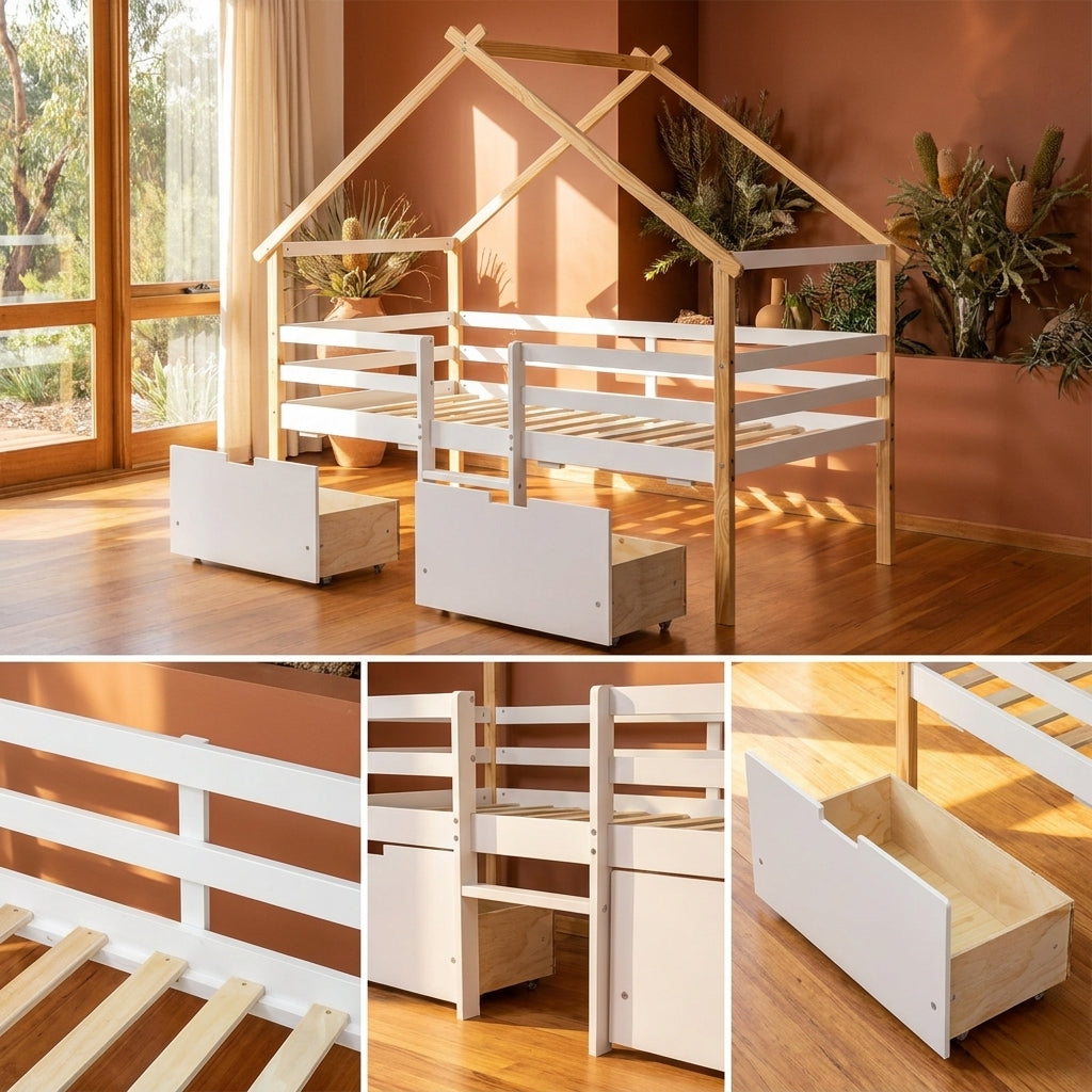Audreamy Phelix Wooden House Bed White Single for Kids with Storage Drawers