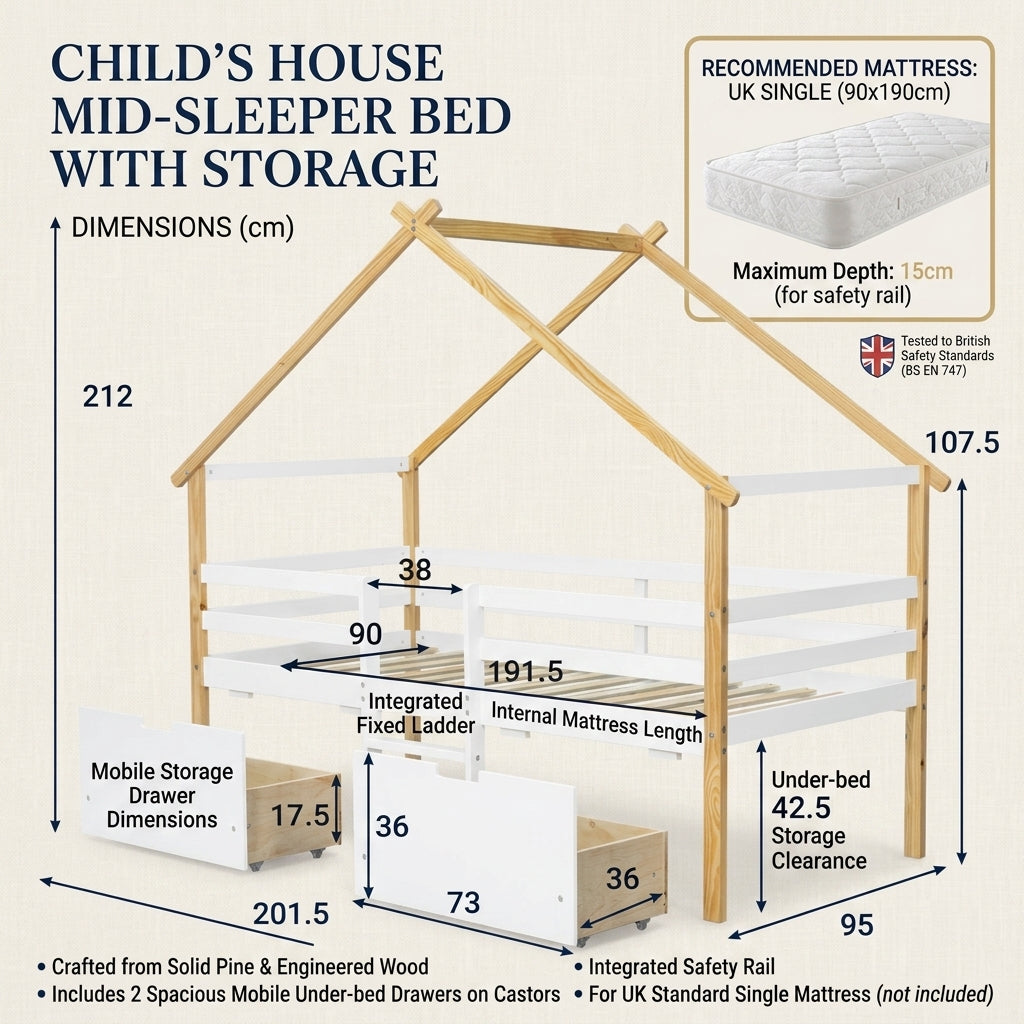 Audreamy Phelix Wooden House Bed White Single for Kids with Storage Drawers