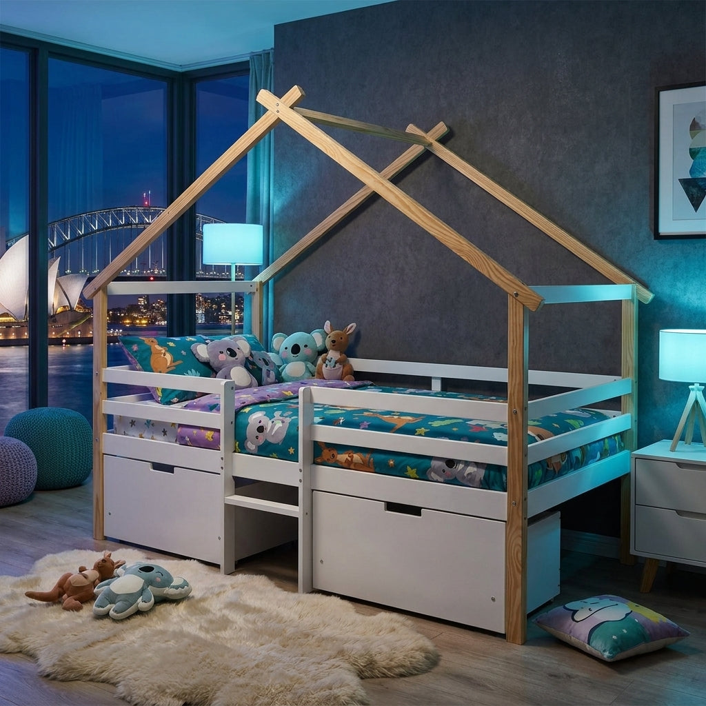 Audreamy Phelix Wooden House Bed White Single for Kids with Storage Drawers