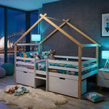 Audreamy Phelix Wooden House Bed White Single for Kids with Storage Drawers