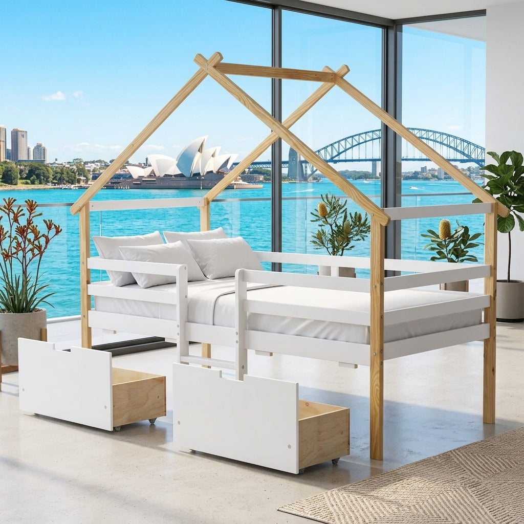 Audreamy Phelix Wooden House Bed White Single for Kids with Storage Drawers