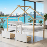 Audreamy Phelix Wooden House Bed White Single for Kids with Storage Drawers