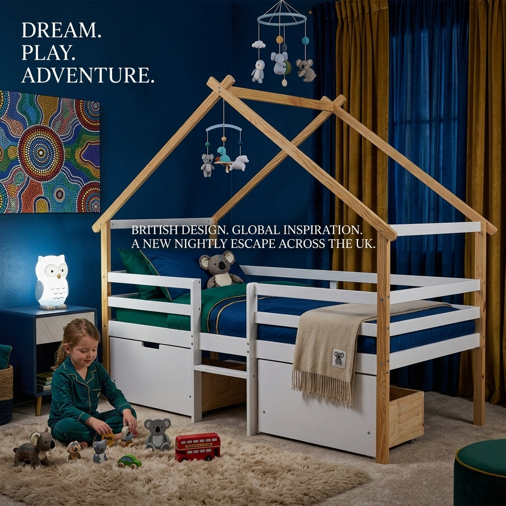 Audreamy Phelix Wooden House Bed White Single for Kids with Storage Drawers