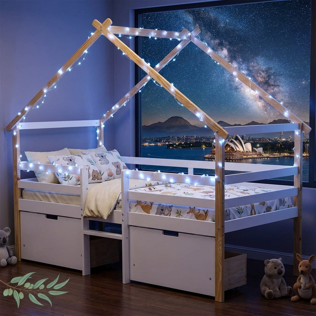 Audreamy Phelix Wooden House Bed White Single for Kids with Storage Drawers