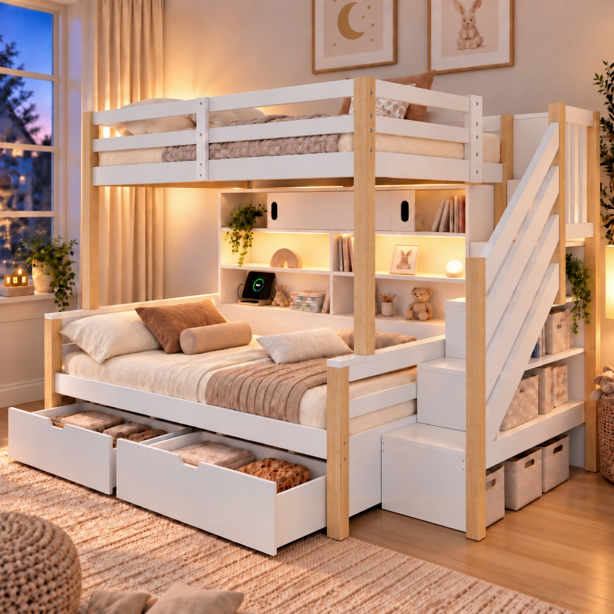 Audreamy Kuga Loft Bed, Solid Wood Frame with Drawers, Storage Stairs, Shelves & Lockers, Safety Guardrails
