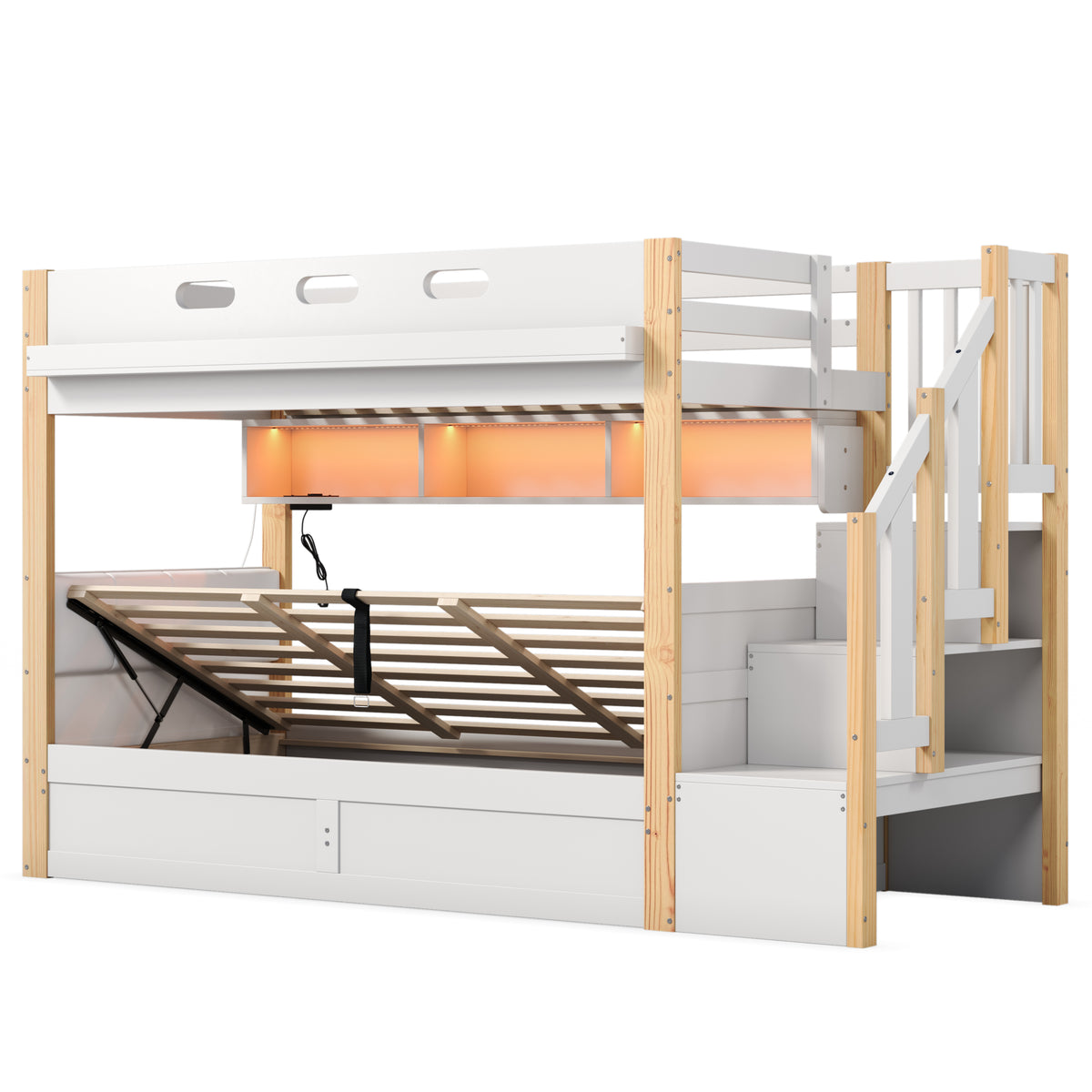 Audreamy Bobo Children's Loft Bunk Bed with LED Lights & Storage Stairs White Natural ottoman