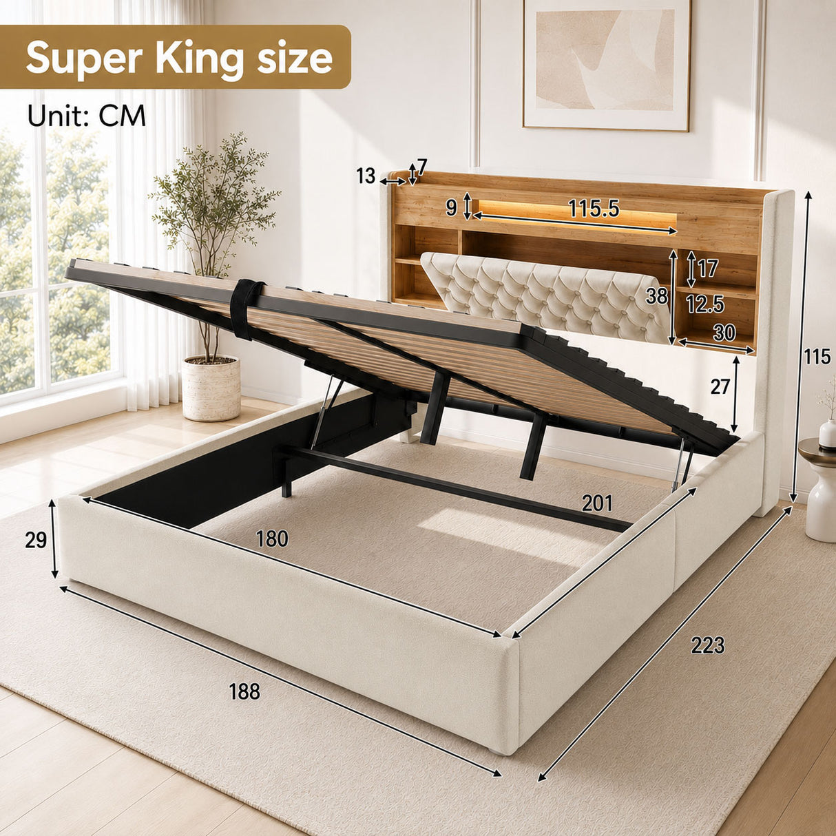 Audreamy Dorma Upholstered Bed with Storage Drawers, LED & USB Charging Beige Linen