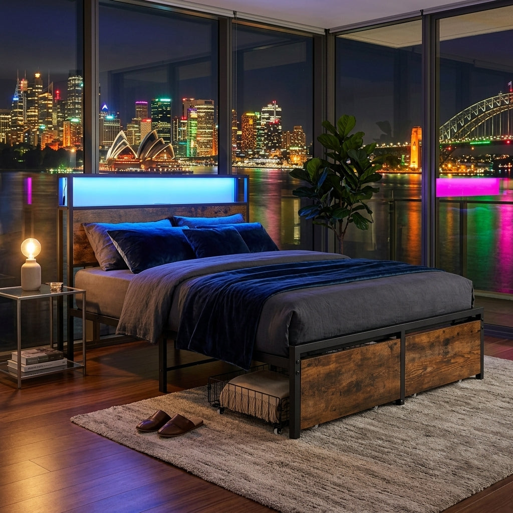 Audreamy Hudson Bed Frame with Storage Drawers Black Wood