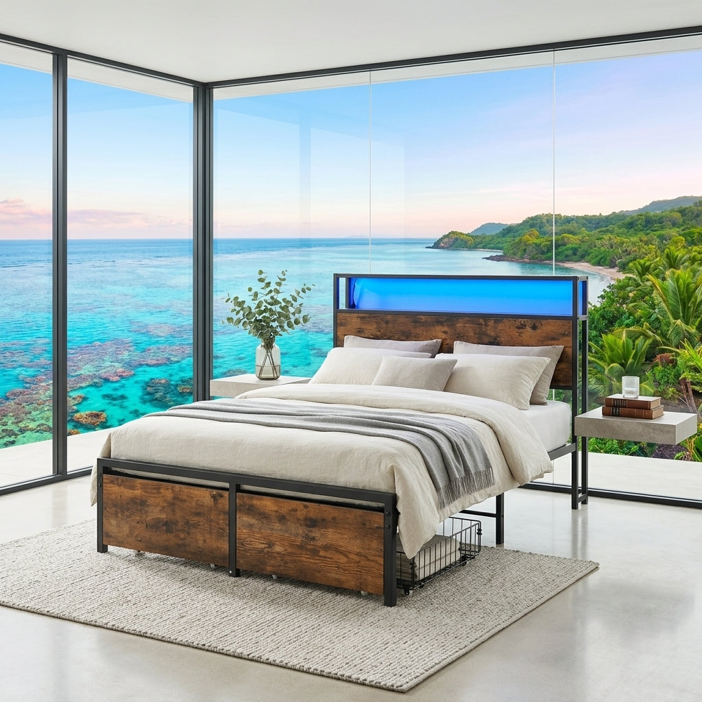 Audreamy Hudson Bed Frame with Storage Drawers Black Wood
