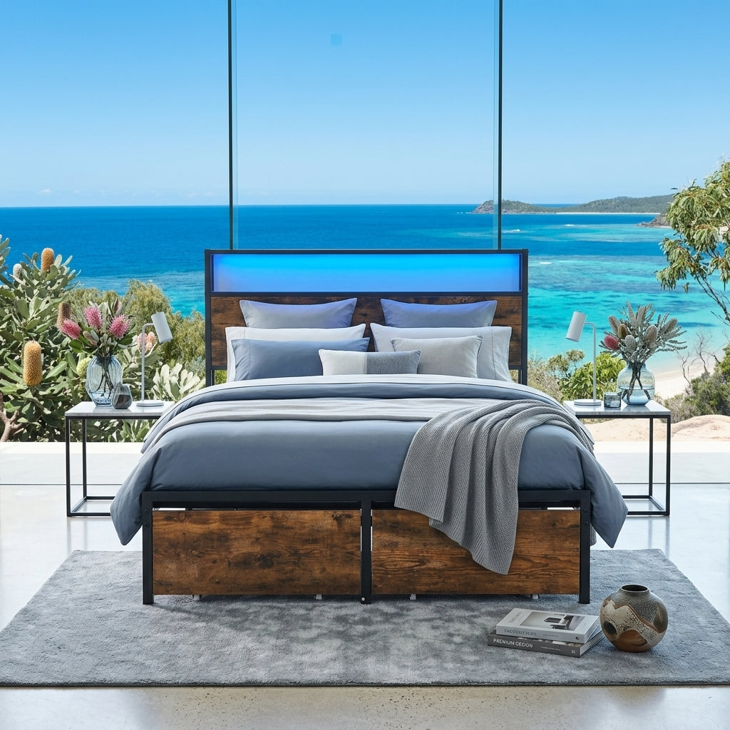 Audreamy Hudson Bed Frame with Storage Drawers Black Wood