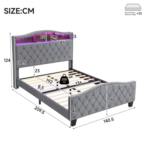 Audreamy Vantor Upholstered Bed Storage Bed with LED Light Grey Velvet