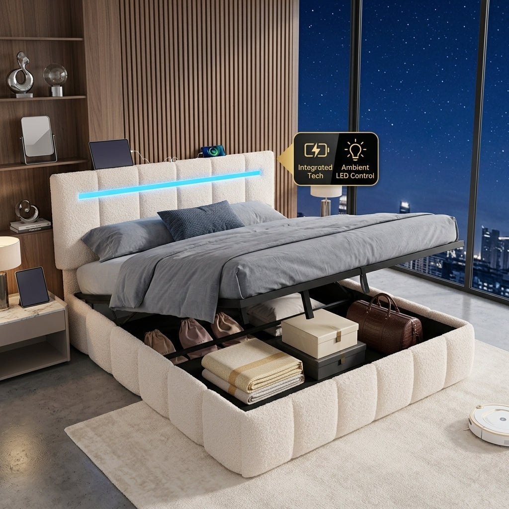 Upholstered Bed Frame with Hydraulic Storage, Ottoman Bed Beige