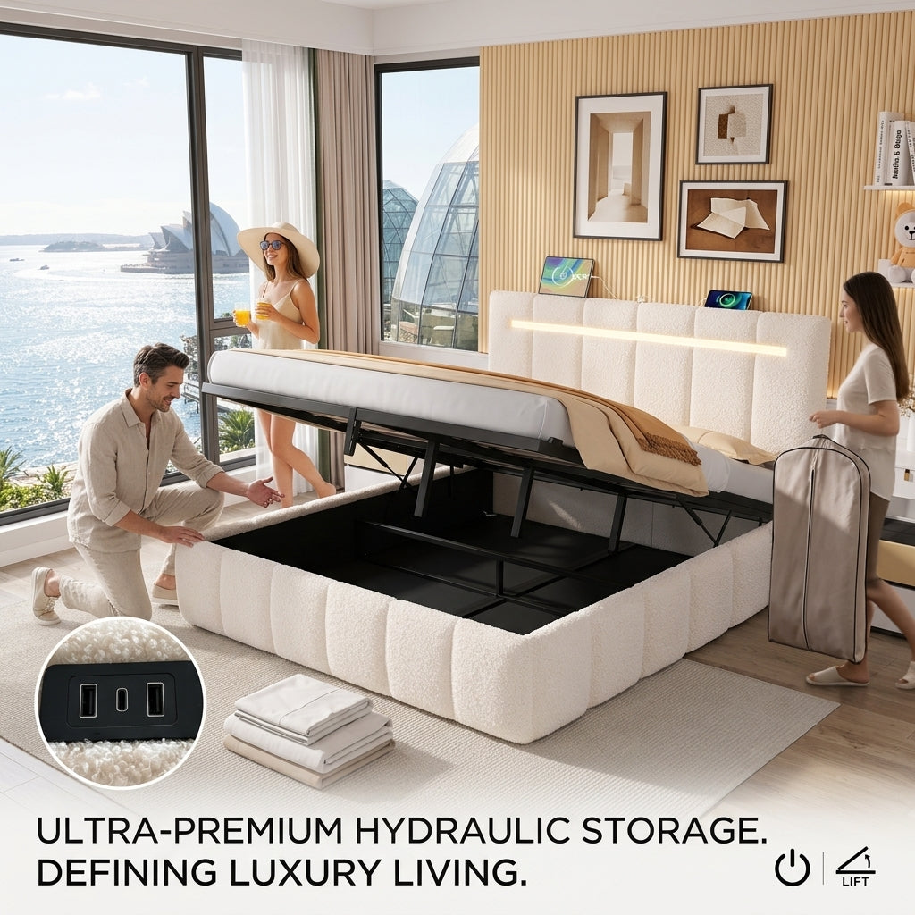 Upholstered Bed Frame with Hydraulic Storage, Ottoman Bed Beige