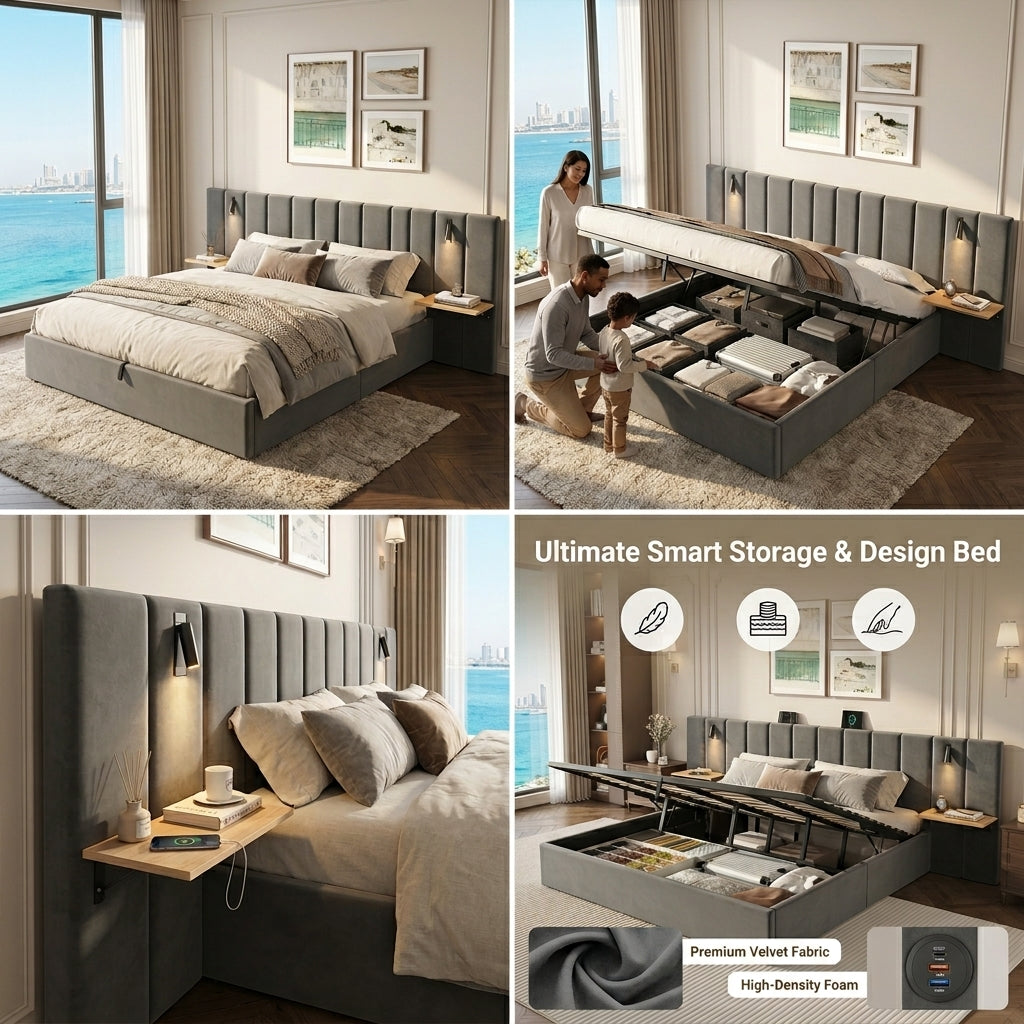 Hydraulic Storage Bed Ottoman Bed Grey Velvet