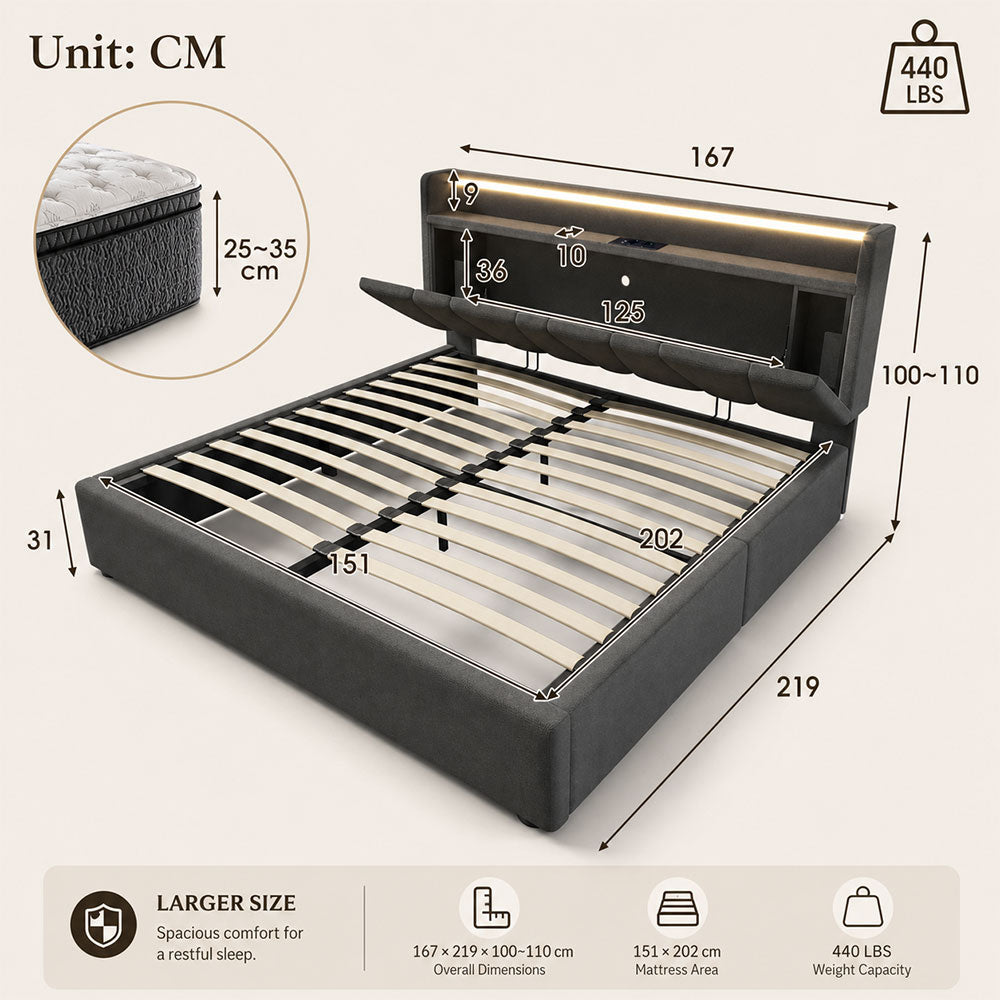 Upholstered Bed with USB charging function Ottoman Bed Grey