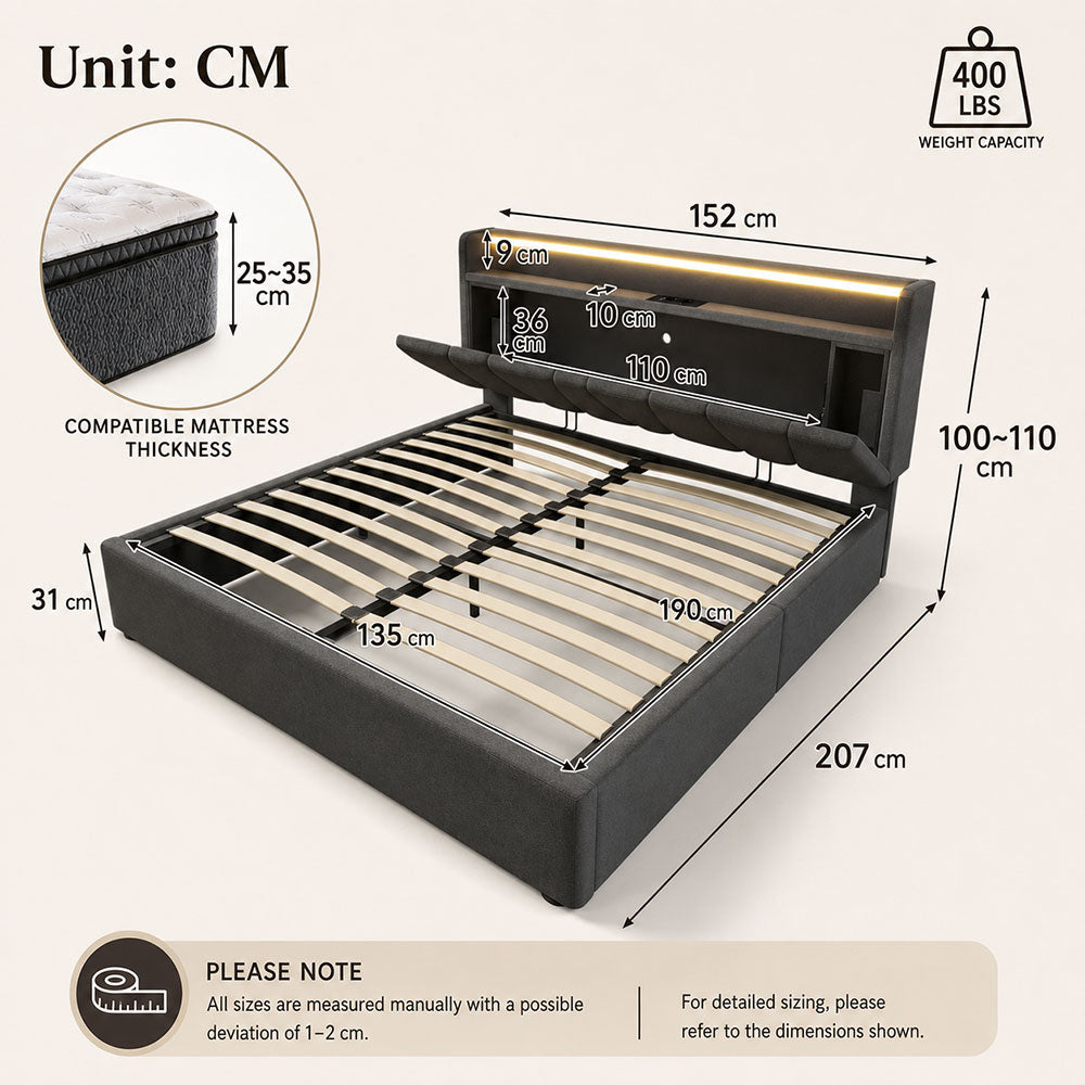 Upholstered Bed with USB charging function Ottoman Bed Grey