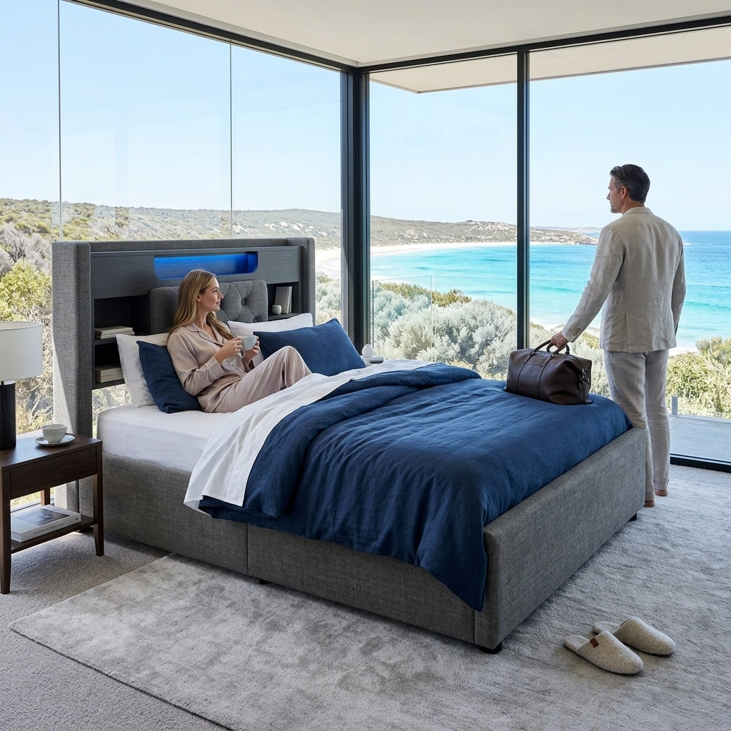 Audreamy Dorma Ottoman Bed with Storage Drawers, LED & USB Charging Grey Linen