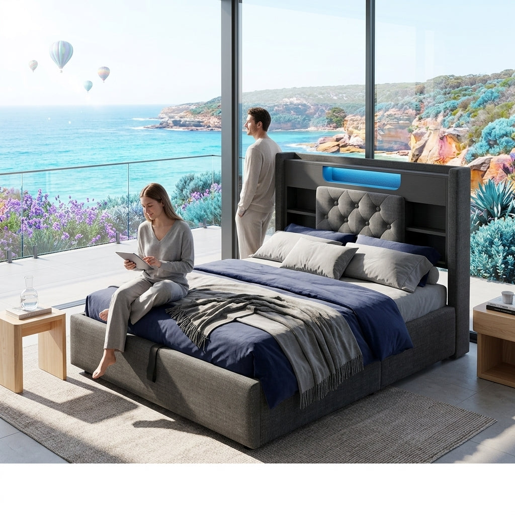 Audreamy Dorma Ottoman Bed with Storage Drawers, LED & USB Charging Grey Linen