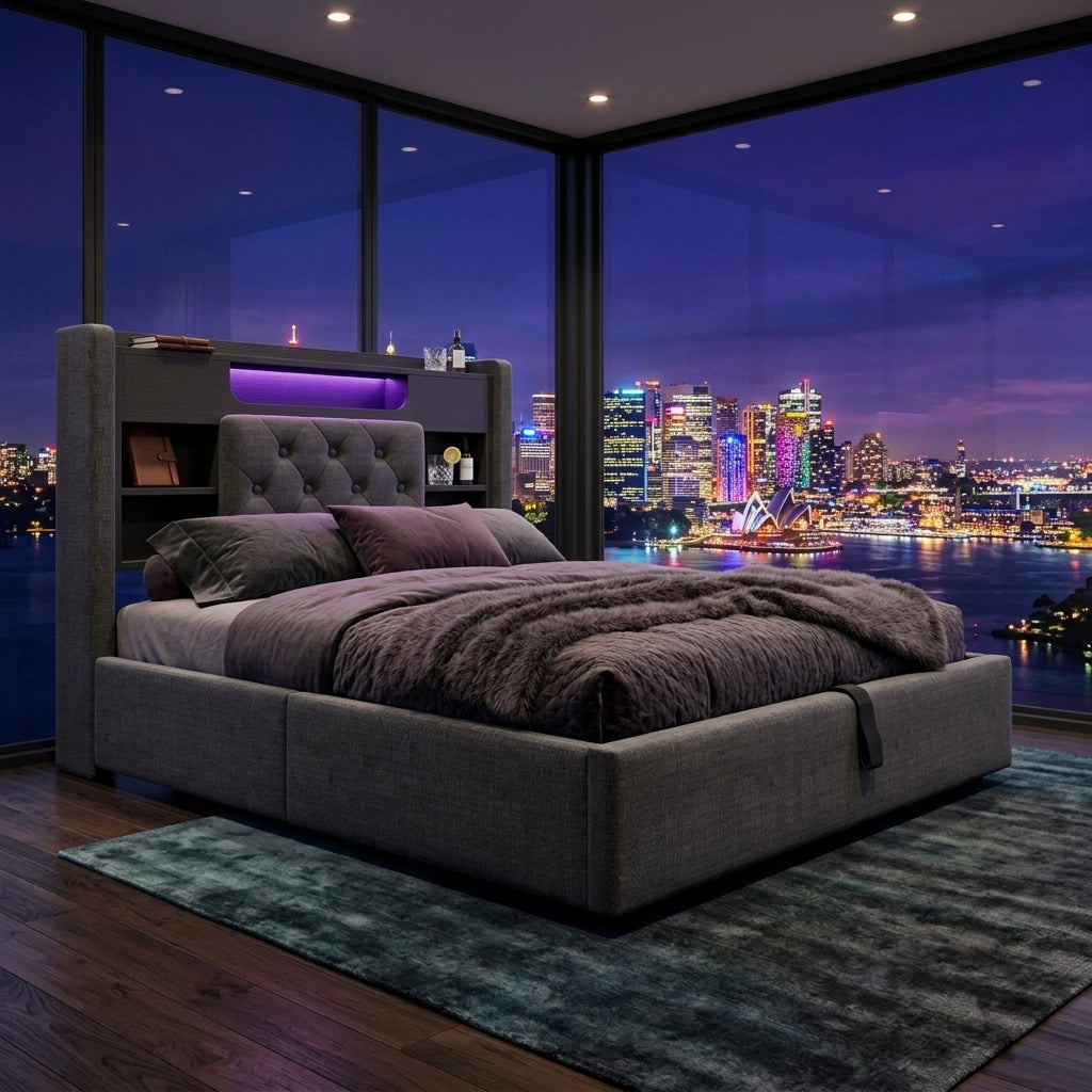 Audreamy Dorma Ottoman Bed with Storage Drawers, LED & USB Charging Grey Linen