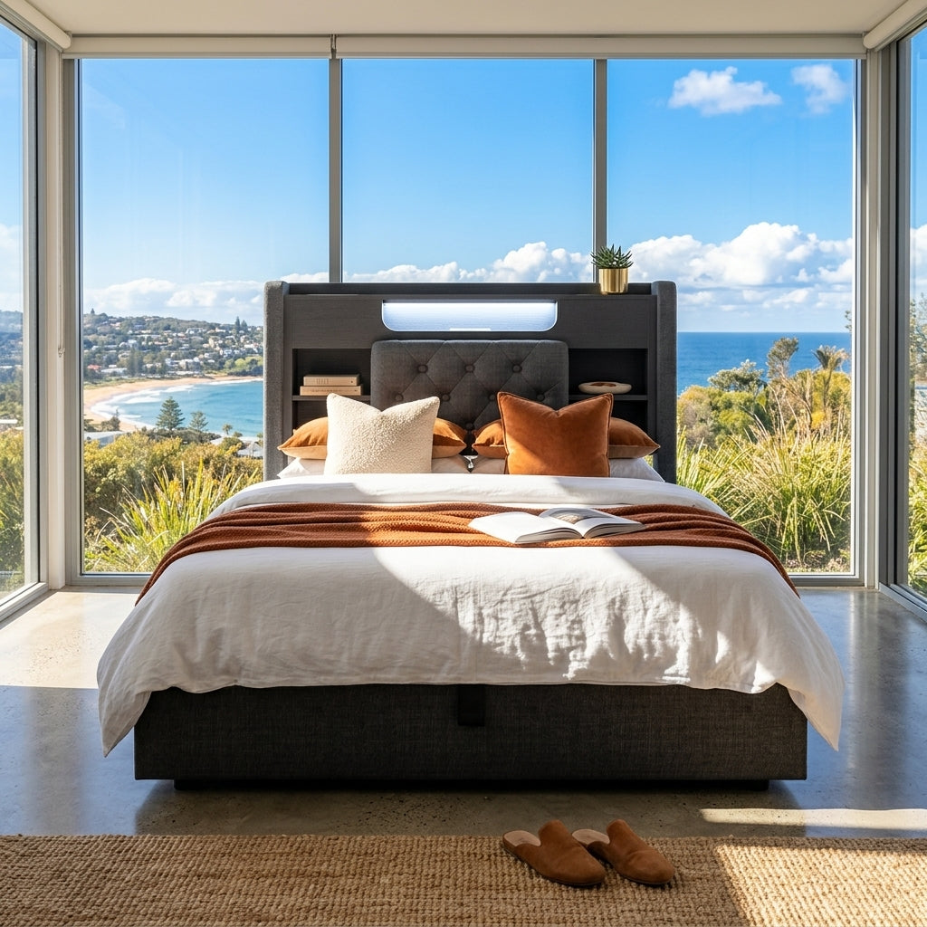 Audreamy Dorma Ottoman Bed with Storage Drawers, LED & USB Charging Grey Linen