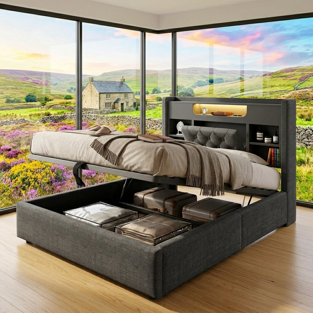 Audreamy Dorma Ottoman Bed with Storage Drawers, LED & USB Charging Grey Linen