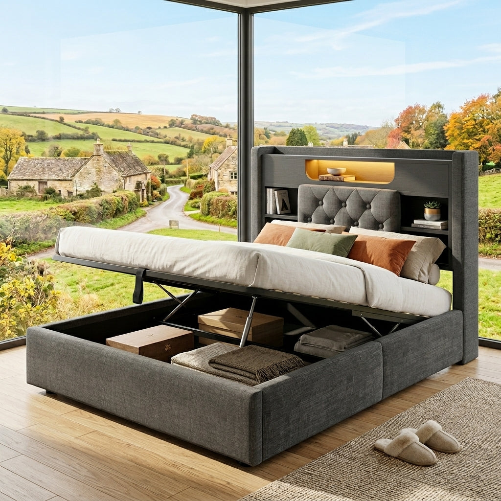 Audreamy Dorma Ottoman Bed with Storage Drawers, LED & USB Charging Grey Linen