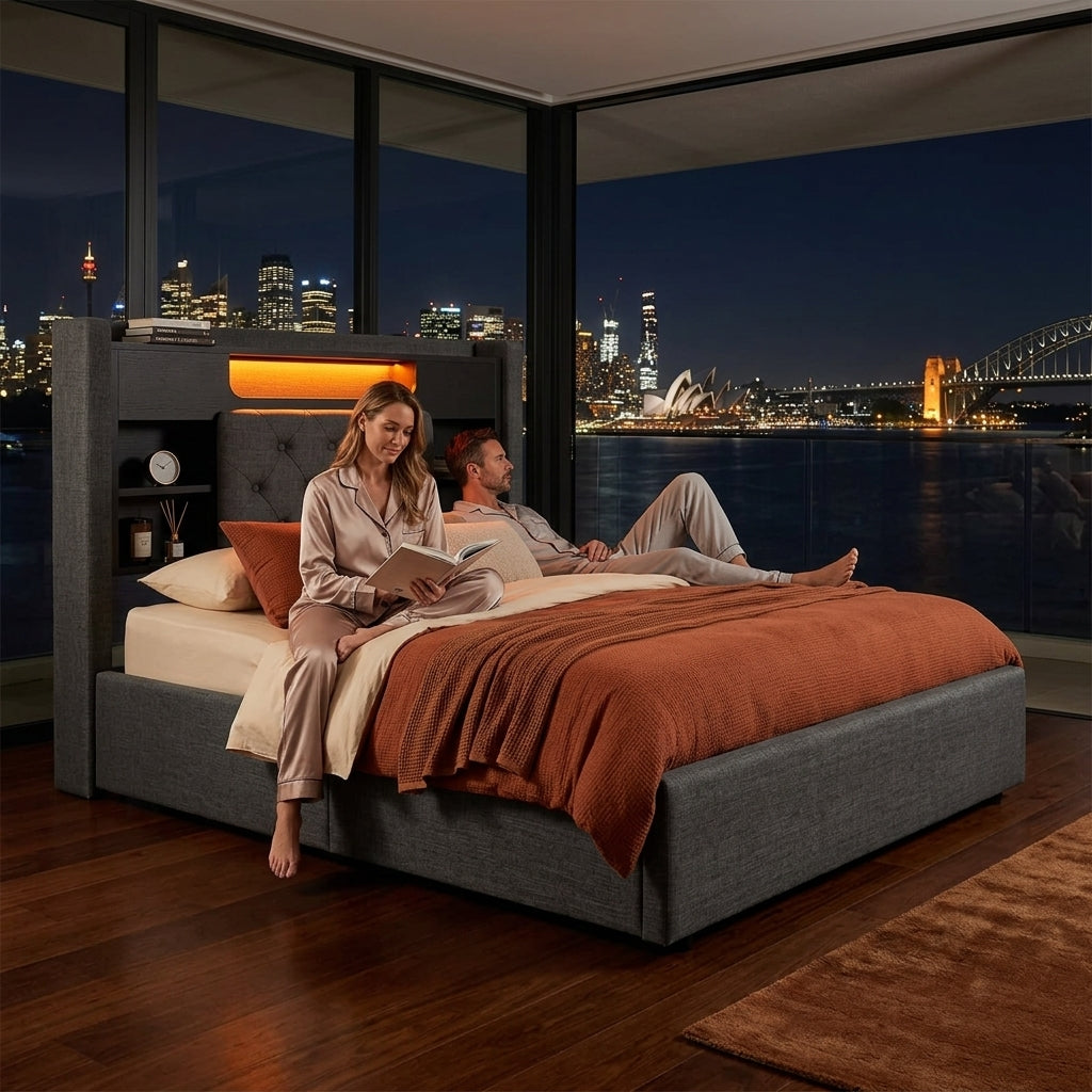Audreamy Dorma Ottoman Bed with Storage Drawers, LED & USB Charging Grey Linen
